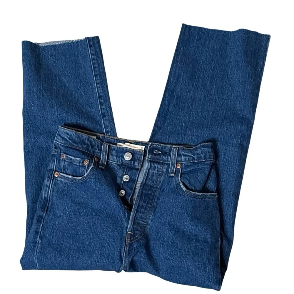 Levi's Ribcage Straight Fit Ankle Jeans Women's 25 Blue High-Rise‎ Raw-Hem Denim